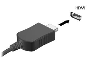 Připojení obrazového nebo zvukového zařízení k portu HDMI: 1. Zapojte jeden konec kabelu HDMI do portu HDMI na počítači. 2. Druhý konec kabelu podle pokynů výrobce připojte k obrazovému zařízení. 3.