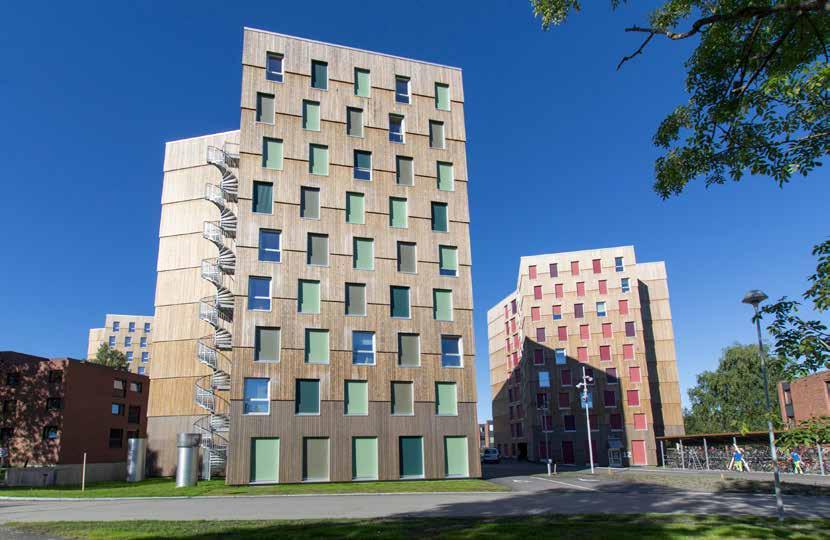 Lokalita: Trondheim (Norsko) Architekt: Tormad Raen AT Plan & Arkitektur AS Partner: Woodcon Objem CLT: 6 500 m³ CO 2 vázaný v CLT: 18 974 t Patrové budovy