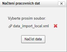 Nahrání pracovních dat je možné realizovat tlačítkem Načíst pracovní a následným výběrem souboru tlačítkem Vybrat soubor. Vybráním souboru dojde k nahrání souboru na server.