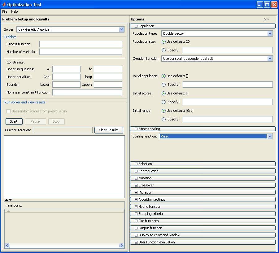 7. 2 Postup řešení uživatelským způsobem ve specializovaném toolboxu - Optimization Tool Tato kapitola se bude zabývat popisem toolboxu Optimization Tool, který je součástí softwaru Matlab (R2010a),