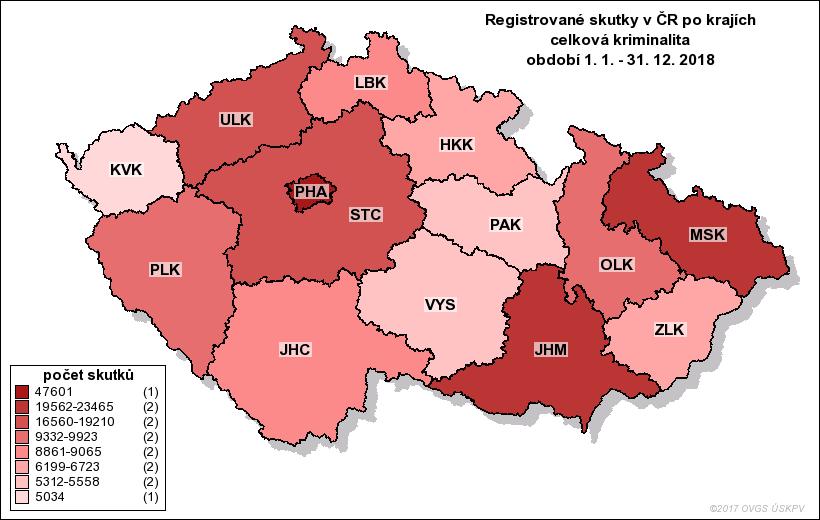 a Jihomoravský kraj s 10,2 % (+0,3 %). Významným podílem se na kriminalitě rovněž podílejí Středočeský kraj s 10 % (-0,1 %), Ústecký kraj s 8,6 % (-0,1 %) a Plzeňský kraj s 5,2 % (+0,4 %).