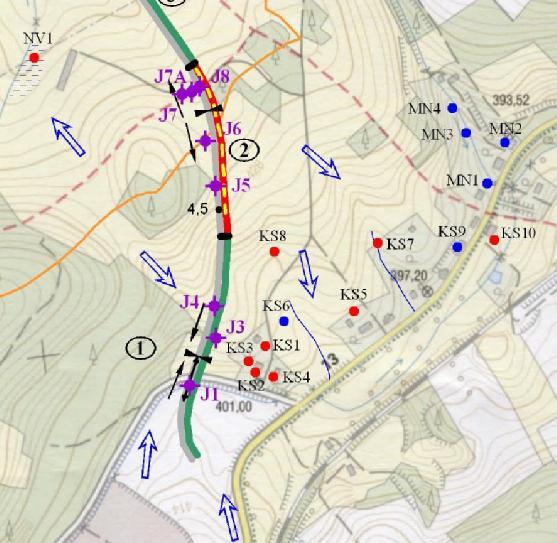 Strana 15 Ovlivnění hydrogeologických poměrů a vodních zdrojů výstavbou komunikace: Obrázek č. 1 - Umístění domovních studní v blízkosti začátku plánované trasy silnice I/13 (km 4.13-4.72) Tabulka č.