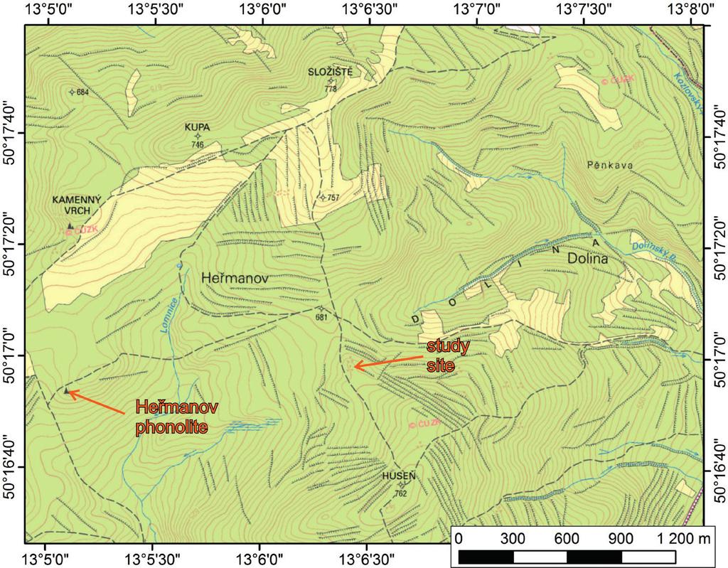 12 Rapprich, V. et al. (2019): Phonolite and trachyte dykes on Huseň Hill in the Doupovské hory Obr. 1. Poloha studované lokality a fonolitu heřmanovské skály. Fig. 1. Sketch map of the study site and location of the Heřmanov phonolite.