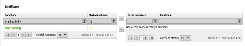 Pokud má být podpora projektu vyšší než 45% ze zdroje Příspěvek Unie, vyberte v tabulce Bonifikace v dolní části obrazovky příslušný záznam podle níže uvedené tabulky Výběr sazby bonifikace.