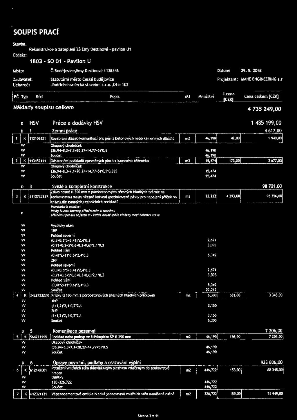 cena [CZK] Cena celkem [CZKJ Náklady soupisu celkem 4 735 249,00 D HSV Práce a dodávky HSV 1 485 199,00 0 1 Zemní práce 4 617,00 1 K 113106121 Rozebrání dlažeb komunikací pro pěší z betonových nebo