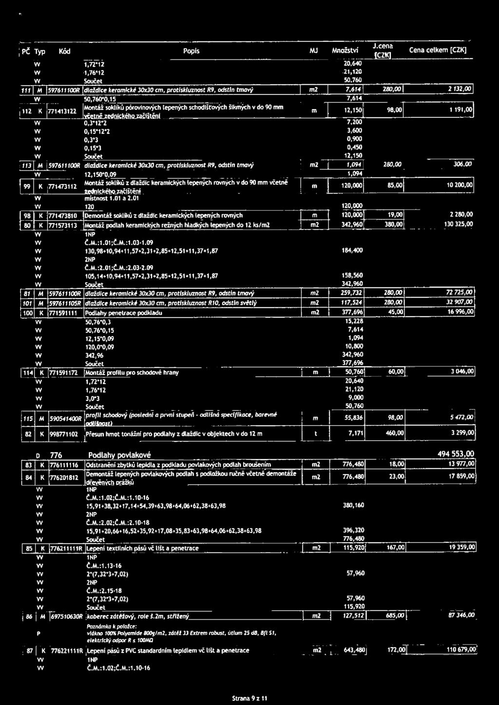 lepených schodišťových šikmých v do 90 mm včetně zednického začišténi m 12,150 98,00 1 191,00 0,3*12*2 7,200 0,15*12*2 3,600 0,3*3 0,900 0,15*3 0,450 Součet 12,150 113 M 5976111008 dlaždice keramické