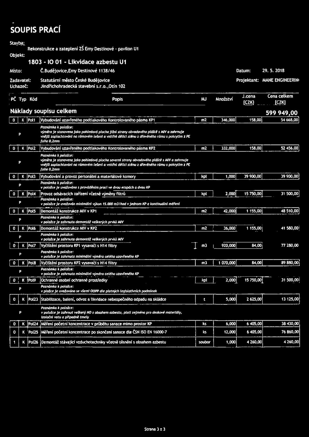 cena [C2K] Cena celkem [CZK] Náklady soupisu celkem 599 949,00 0 K Poli Vybudováni uzavřeného podtlakového Kontrolovaného pásma KP1 m2 346,000 158,00 54 668,00 p Poznámka k potolce: výměra Je