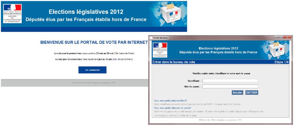 10.29 Přihlášení do volební aplikace při volbách do AN 2012 Obrázek vlevo: podoba webové stránky francouzského RIV při volbách do AV v roce 2012.