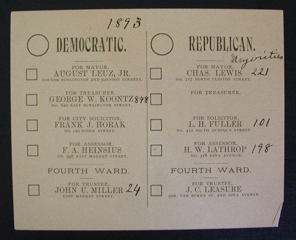 10.7 Předtištěný hlasovací lístek australského způsobu hlasování z roku 1893 Zdroj: [Jones 2001] Volební lístek z místních voleb (municipal election) ve městě Iowa z roku 1893.