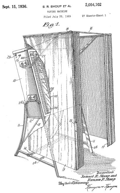 10.8 Patentový nákres volebního sčítacího stroje z roku 1936 Zdroj: [Jones 2001] Na obrázku vidíme nejpopulárnější a nejrozšířenější verzi volebního sčítacího stroje od výrobce Shoup, model z roku