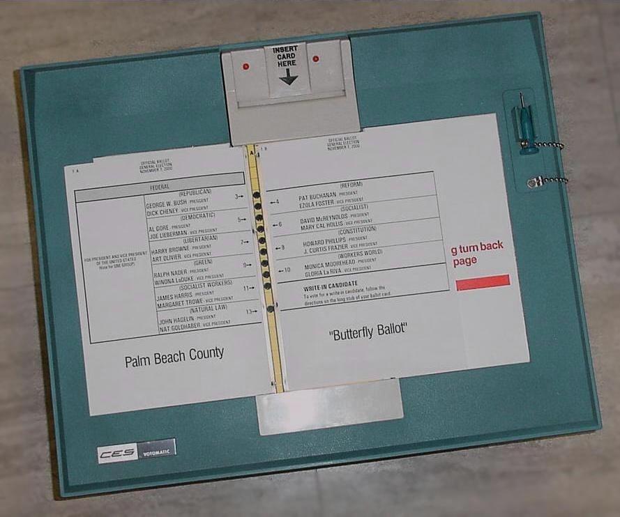 10.9 Systém Votomatic v praxi Zdroj: [Jones 2001] Ukázka desky pro úpravu hlasovací karty z nechvalně známých voleb na Floridě z roku 2000. Volič vsune ze shora hlasovací kartu (viz příloha níţe).