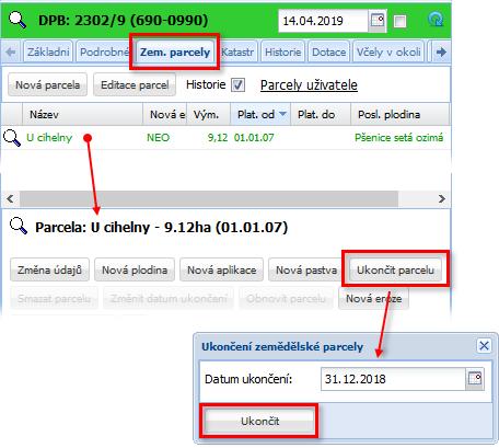 Postup založení zem. parcel na DPB (1) Příklad: na DPB je 1 zemědělská parcela, ale na DPB budou pěstovány 2 plodiny -> je potřeba založit 2 zem. parcely. Postup: 1.