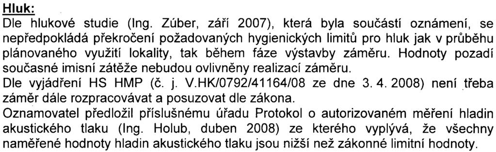 Zúber, záøí 2007), která byla souèástí oznámení, se nepøedpokládá pøekroèení požadovaných hygienických limitù pro hluk jak v prùbìhu plánovaného využití lokality, tak bìhem fáze výstavby zámìru.