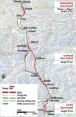 Nejdelší světové železniční tunely Strana 32 4. DLOUHÉ ŽELEZNIČNÍ TUNELY VE VÝSTAVBĚ 4.1. Gotthardský bázový tunel (57km) 4.1.1. Základní údaje Vysokorychlostní železniční tunel Gotthard pod Alpami (Obr.