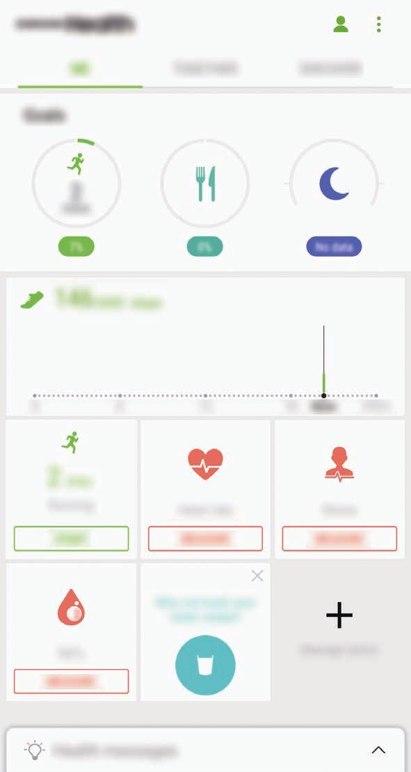 Aplikace a funkce Používání aplikace Samsung Health Zde můžete zobrazovat hlavní informace z menu a nástrojů pro sledování aplikace Samsung Health a sledovat tak své zdraví a formu.