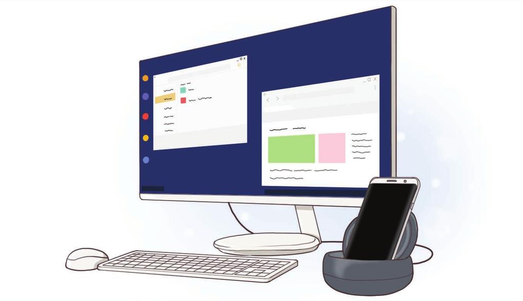 Aplikace a funkce Samsung DeX Samsung DeX je služba, která umožňuje používat chytrý telefon jako počítač. Stačí jej připojit k externímu displeji, například k televizní obrazovce nebo k monitoru.