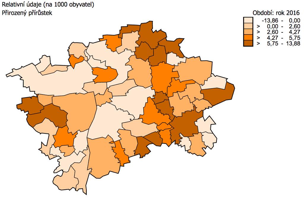 Přirozenou měnou ubylo obyvatel v MČ Praha 6 (-1,2 na 1000 obyvatel), Praha 4 (-1,1 ), Praha 10 (-0,8 ) a Praha 8 (-0,6 viz kartogram níže (nejsvětlejší části kartogramu).