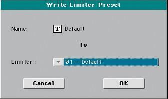 6 KORG Pa300 Operační systém v.2.1 Uložení presetu Limiteru. Otevření okna Write Limiter Preset 1.