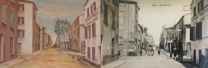 Pohlednice zobrazující Národní ulici v Elne, identicky reprodukovaná na padělaném Terrusově obrazu.