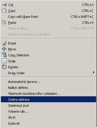 kontextového menu změnit definici prutu i pro