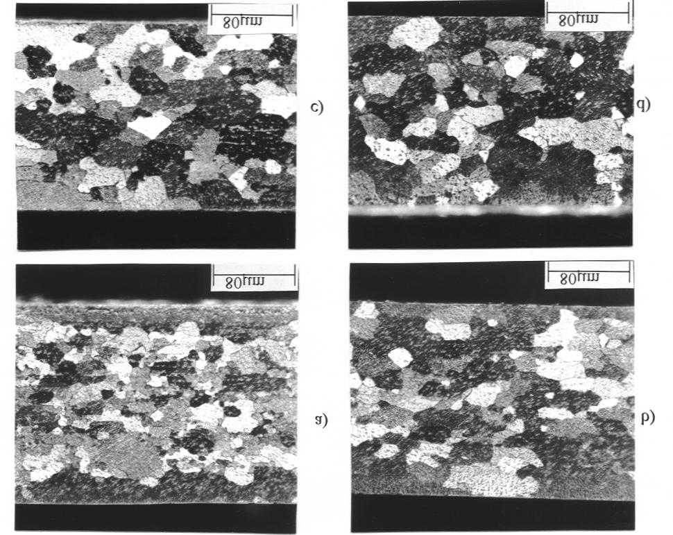 pásu (obr.4.b) je srovnatelná se strukturou homogenizovaného mezižíhaného (ale i nemezižíhaného) pásu tloušťky 0,18 mm (obr.4.c,d).