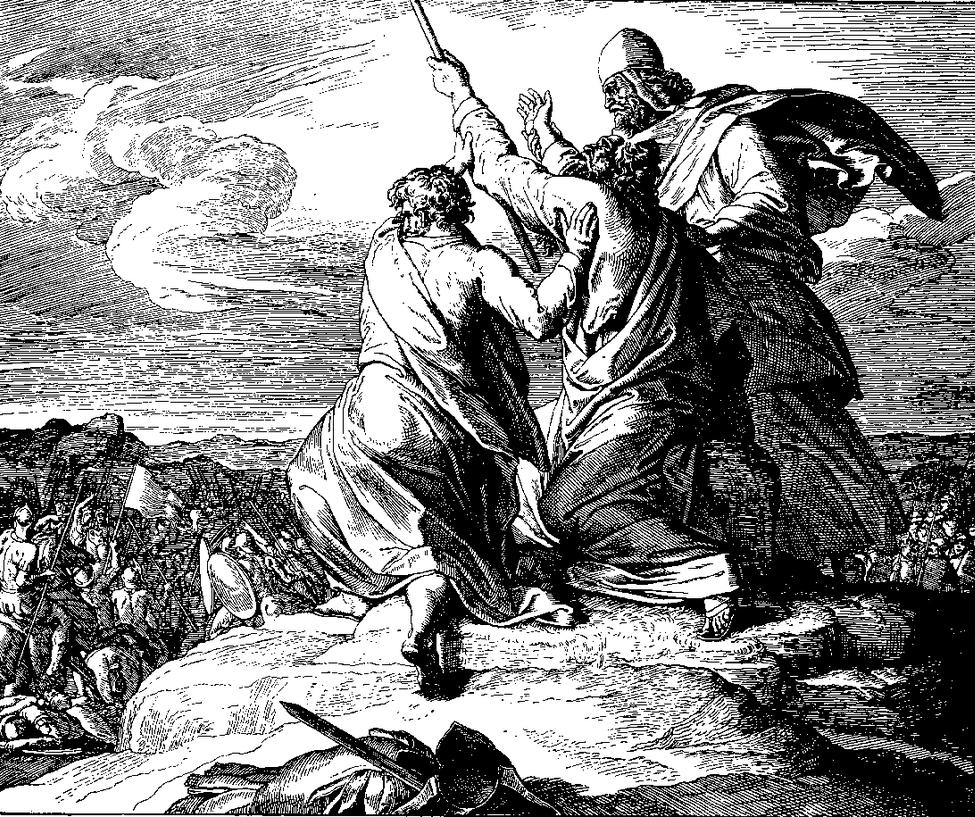 9) JAK VÍTĚZIT? 10 Mojžíš, Áron a Chúr vystoupili na vrchol kopce. 11 Když Mojžíš držel ruku nahoře, vítězil Izrael, a když ruku spustil, vítězil Amálek.