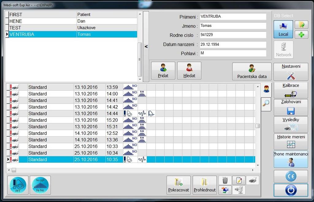 Měření NO Hlavní okno: HLEDAT vyhledavání mezi pacienty PRIDAT přidání nového pacienta PACIENTSKA DATA prohlížení pacientských údajů KALIBRACE pouze pro technika firmy ASCOMED, spol. s. r. o. NASTAVENI pouze pro technika firmy ASCOMED, spol.