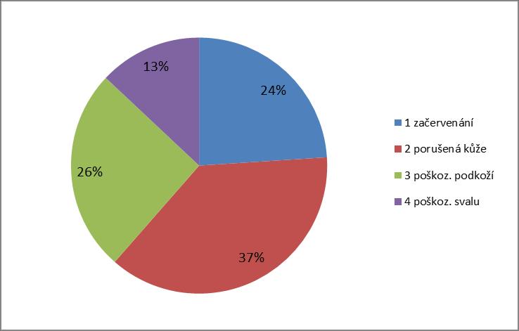 Rozdělení dekubitů podle stupňů Celkové za roky 2009-2018 Stupeň postižení Počet dekubitů Počet dekubitů celkem % 1 začervenání 5216 21759 23,97% 2 porušená kůže 8152 21759 37,46% 3 poškoz.