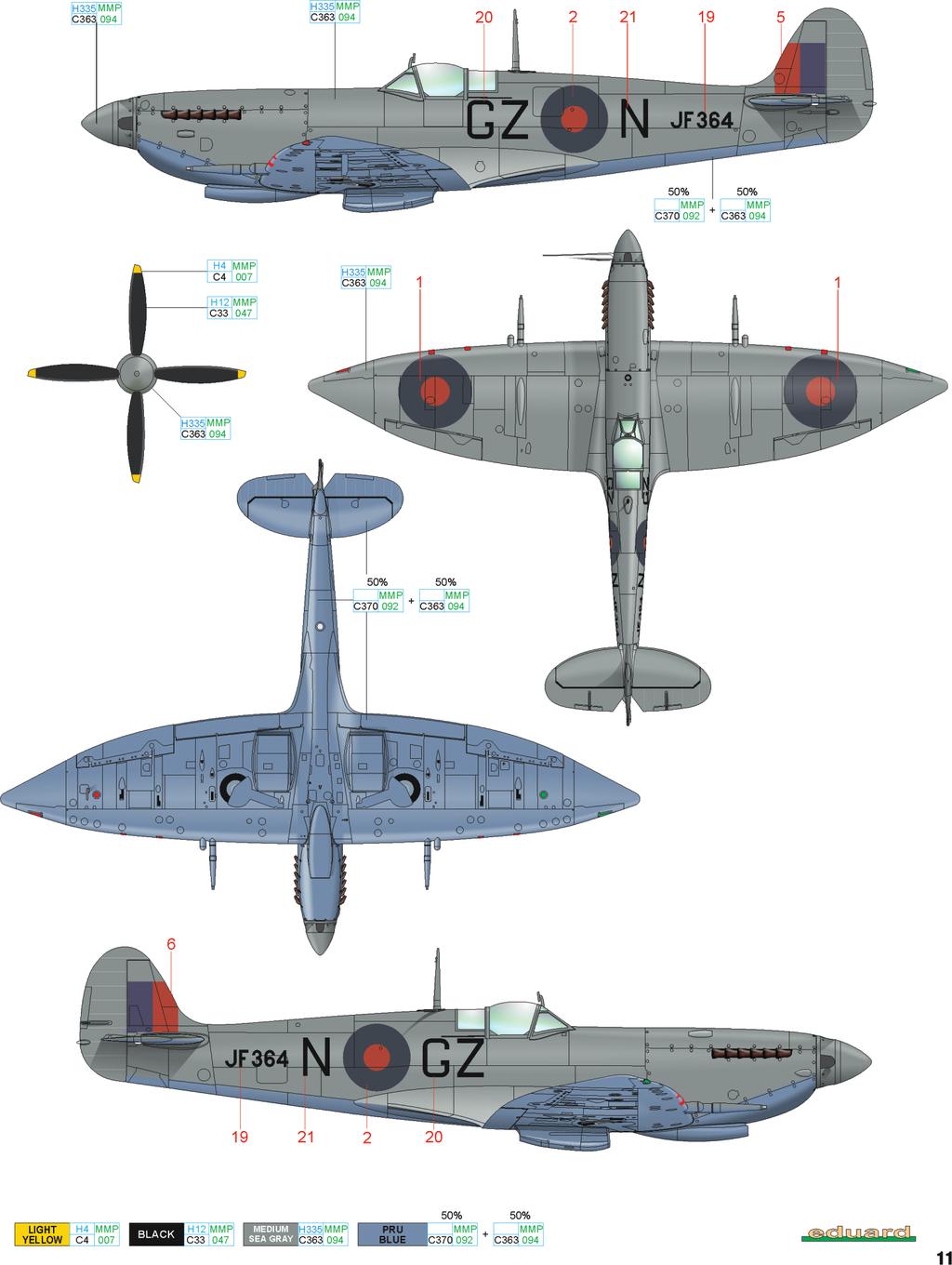 B JF34, 32. squadrona, Foggia, Itálie, začátek roku 1944 Tento Spitfire Mk.VIII v kamuflážním zbarvení používaném u stíhacích strojů létajících ve vysokých výškách, tzv.