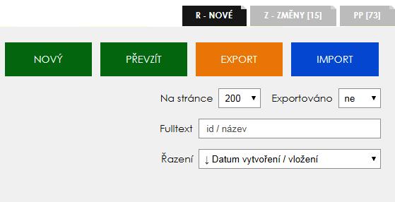 Označení módu práce souborů - záložky: [R] - NOVÉ - nové záznamy projektů pro daný rok neexistující v aktivní veřejné databázi na www.rvvi.cz (1.