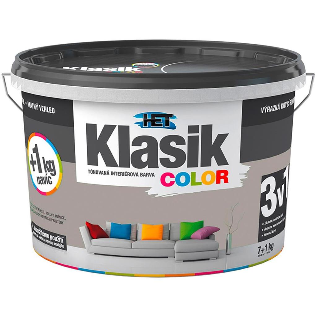 HET KLASIK COLOR 16 odstínů 7+1 kg ZDARMA 319,- TÓNOVANÁ DISPERZNÍ OTĚRUVZDORNÁ BARVA Doporučujeme pro obývací a komerční prostory, dětské pokoje, jídelny, chodby, kanceláře, prodejní prostory.