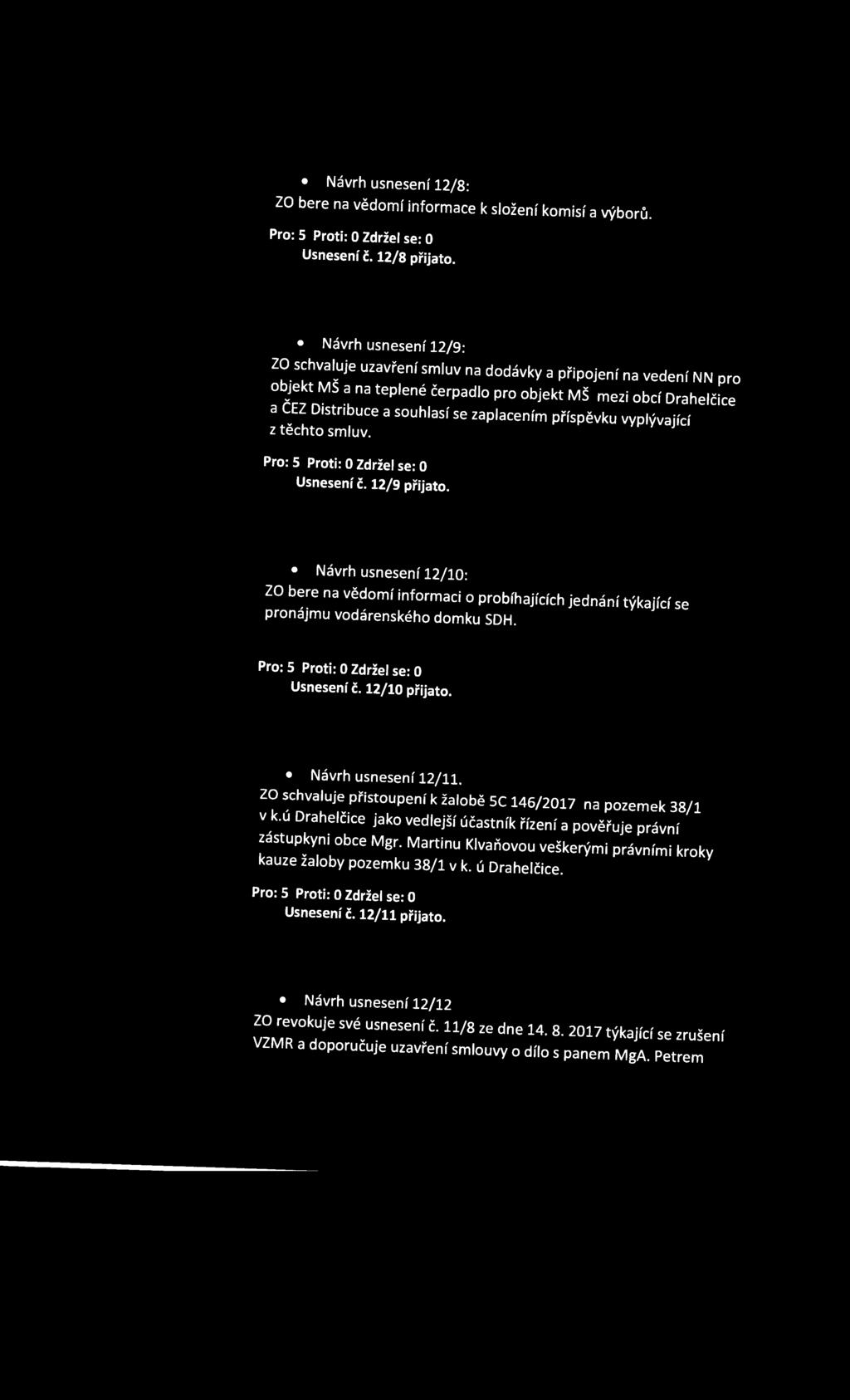 příspěvku vyplývající z těchto smluv. Usnesení č. 12/9 přijato. Návrh usnesení 12/10: ZO bere na vědom í informaci o probíhajících jednání týkající se pronájmu vodárenského domku SDH. Usnesení č. 12/10 přijato.