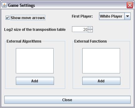 Obrázek 8: Nastavení hry Show move arrows zapíná/vypíná zobrazování šipek indikujících aktuální tah First Player určuje, který hráč bude hru zahajovat Log2 size of the transposition table určuje