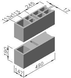 zámek, dělící mezera pro dělení 245/245 mm, průběžný armovací otvor pro armování rohů budov nebo vytváření železobetonových sloupků uvnitř zdí FYZIKÁLNÍ ÚDAJE: Rozměry: délka 490 mm