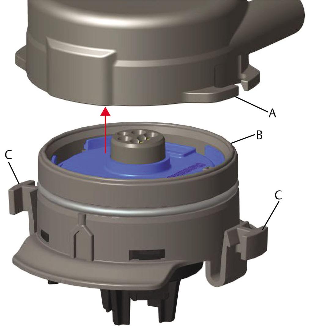 Obrázek 2-1: Vložení modulu senzoru plynů Rosemount 628 do převodníku Rosemount 928. A. Skříň převodníku Rosemount 928 B. Modul senzoru plynů Rosemount 628 C. Západkové jazýčky 5.