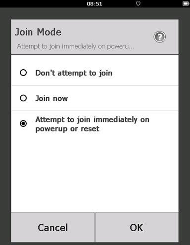 Join Mode (Režim připojení): Zobrazí aktuální režim připojení. Zvolte Join Mode (Režim připojení) pro změnu způsobu připojení zařízení k bezdrátové síti.