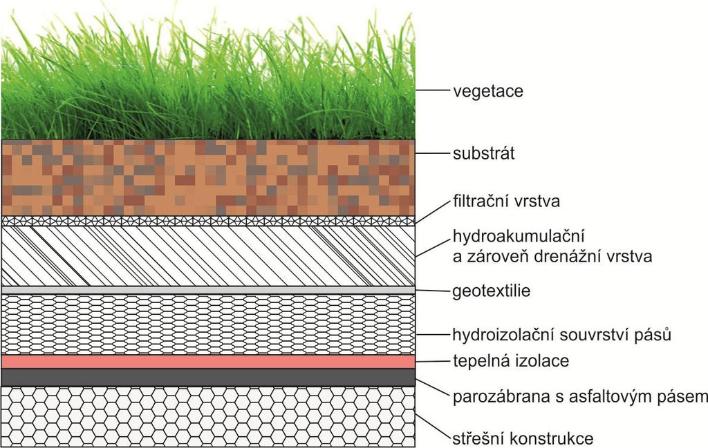 Zelené střechy, zelené fasády budov a vertikální zahrady Střechy budov osázené zelení dělíme podle způsobu využití na extenzivní (ploché a šikmé) zelené střechy a intenzivní zelené střechy (nebo také