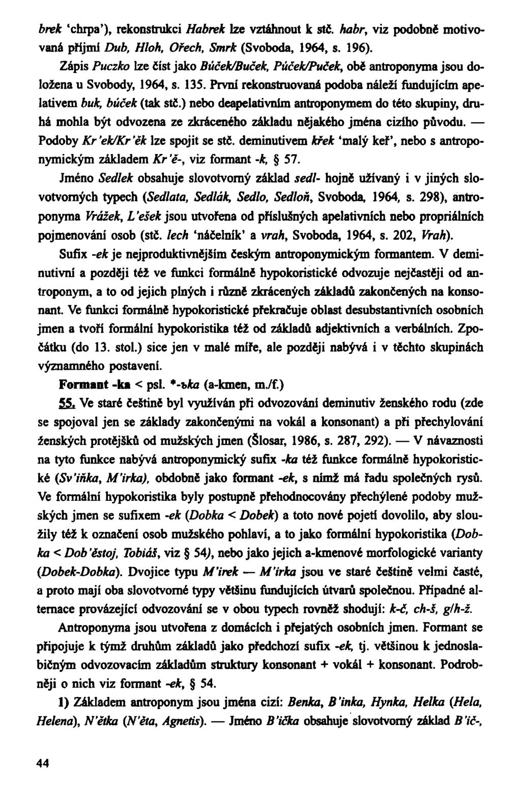 brek 'chrpa'), rekonstrukci Habrek lze vztáhnout k stč. habr, viz podobně motivovaná příjmí Dub, Hloh, Ořech, Smrk (Svoboda, 1964, s. 196).