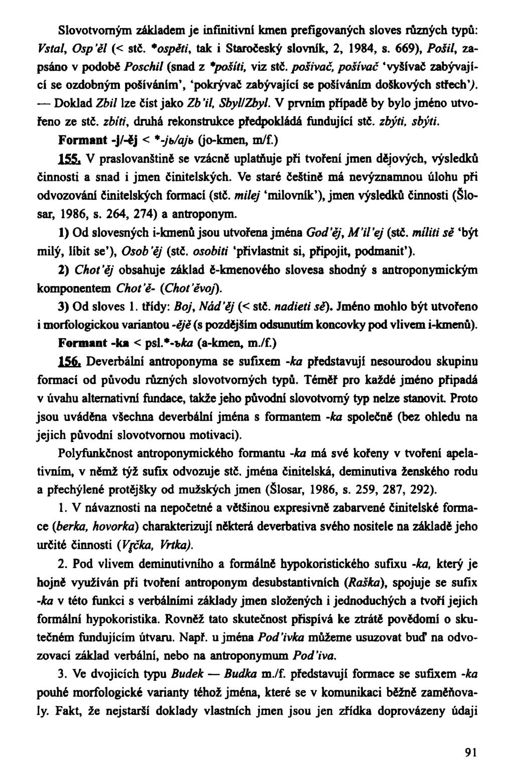 Slovotvomým základem je infinitivní kmen prefigovaných sloves různých typů: Vstal, Osp'ěl (< stč. *ospěti, tak i Staročeský slovník, 2, 1984, s.