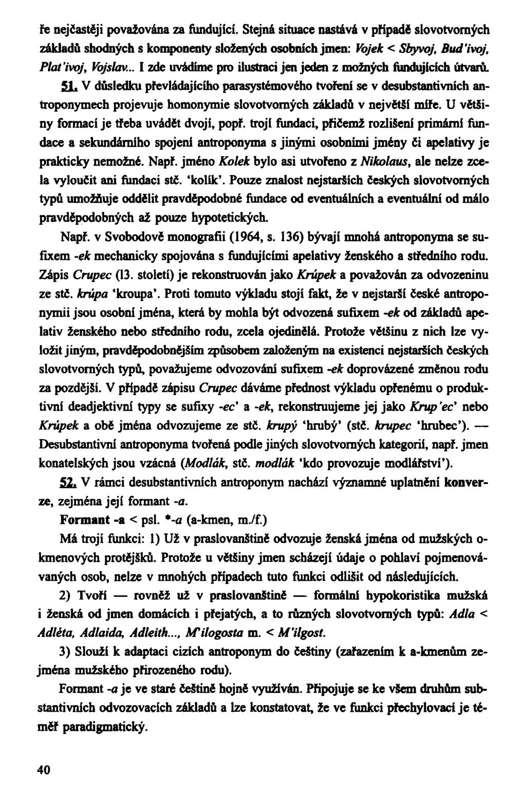 ře nejčastěji považována za fundující. Stejná situace nastává v případě slovotvoraých základů shodných s komponenty složených osobních jmen: Vojek < Sbyvoj, Buďivoj, Plaťivoj, Vojslav.