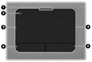 Horní strana TouchPad Součást Popis (1) Kontrolka vypnutí zařízení TouchPad Svítí: Zařízení TouchPad je vypnuto. Nesvítí: Zařízení TouchPad je zapnuto.
