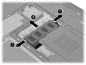 7. Při výměně paměťového modulu odeberte stávající paměťový modul: a. Odtáhněte pojistné svorky (1) na obou stranách paměťového modulu. Paměťový modul se nakloní nahoru. b.