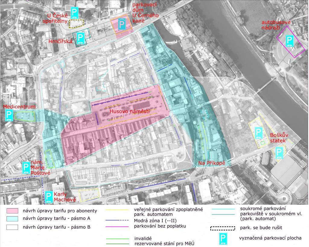 Obrázek 1 Vymezení zón a parkovacích ploch v centrální oblasti města Beroun Vymezení modrých zón v centru odpovídá ve stávajícím stavu potřebám území a jeho rozsah nedoporučujeme výraznějším způsobem