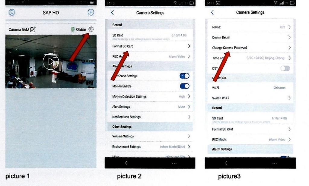 Jak změnit heslo fotoaparátu: spusťte SAP HD APP, přejděte na Change Camera password, budete muset vložit aktuální heslo a nové