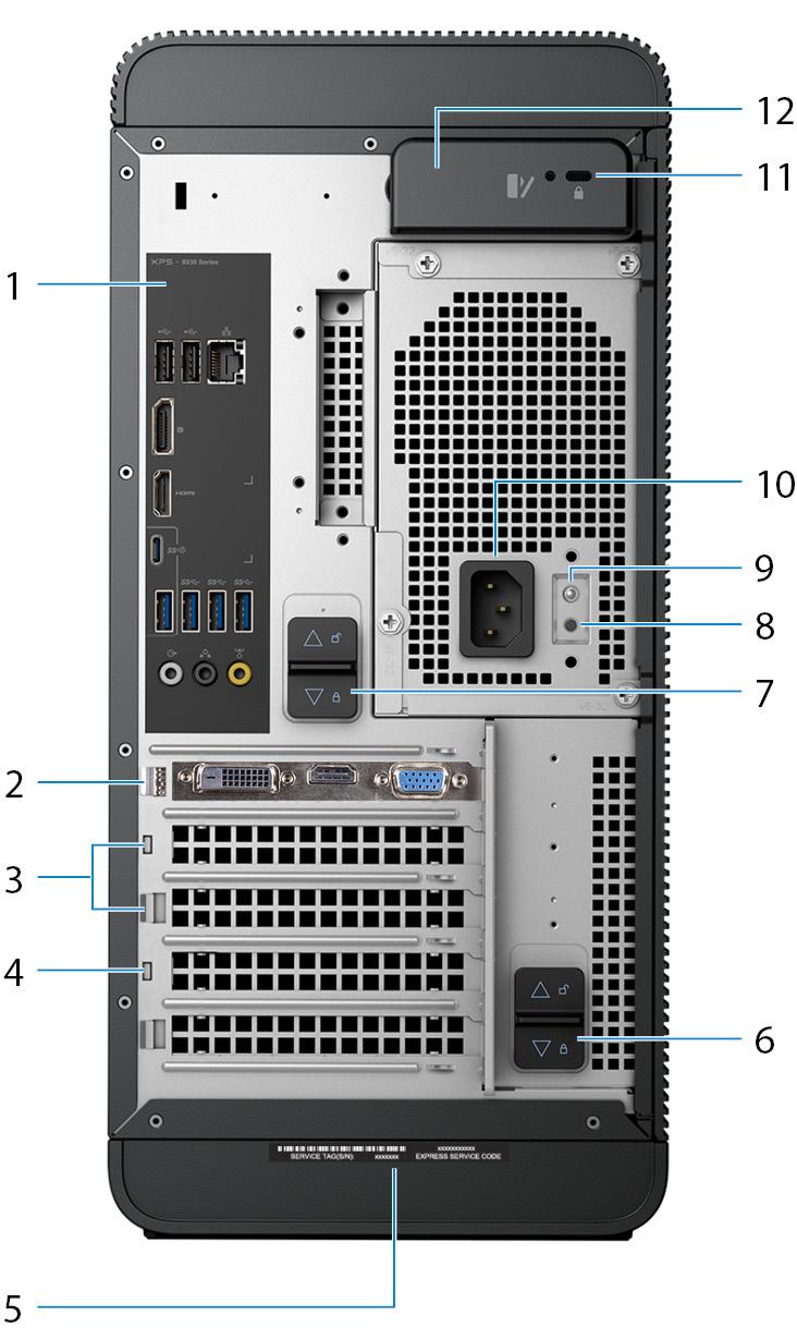 Vzadu 1 Zadní panel Slouží k připojení zařízení USB, video a zvukových zařízení a dalších zařízení.