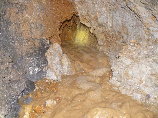 Obr. 6 Přítok podzemní vody z krasové pukliny v lochkovském souvrství, který způsobil částečné zatopení dna průzkumné štoly Fig.