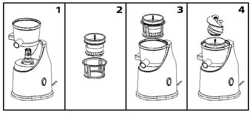 SESTAVENÍ SPOTŘEBIČE 1. Vložte misku na tělo přístroje, jemným otáčením ji upevněte. 2. Vložte nerezové sítko do vodícího koše. 3. Připevněte nerezové sítko ve vodícím koši do misky. 4.