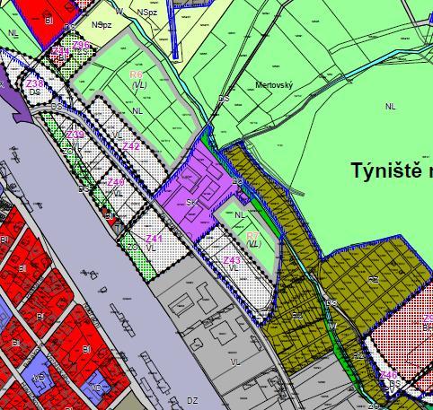 Výřez hlavního výkresu návrhu ÚP Týniště n. Orl. 2. Plocha Z72 (BV) - v územní studii řešit dopravní napojení lokality. Podmínka je zohledněna. V textové části v kapitole 9.