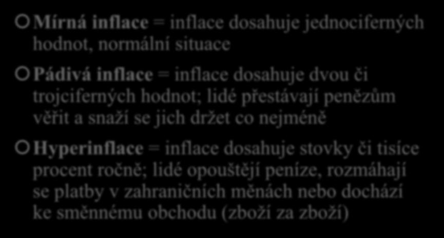 Druhy inflace Mírná inflace = inflace dosahuje jednociferných hodnot, normální situace Pádivá inflace = inflace dosahuje dvou či trojciferných hodnot; lidé přestávají penězům věřit a snaží se