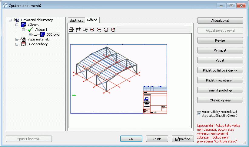 Správce dokumentů-výkresů Pro náhled, správu a mazání vytvořených detailů uložených v separátních výkresech (DWG) slouží Správce dokumentů.